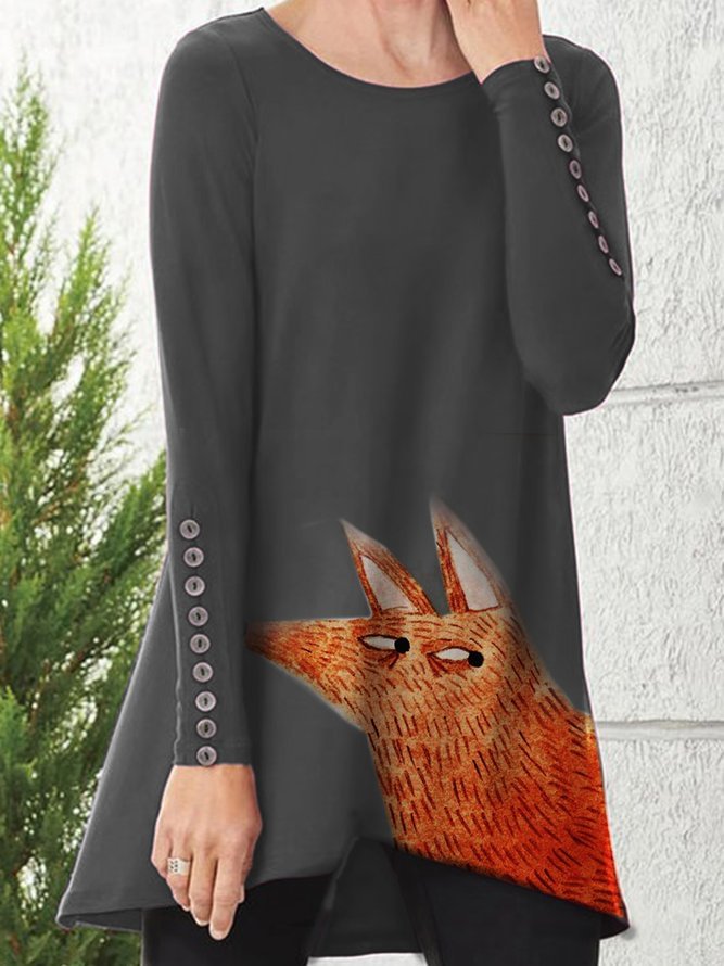 Printed Cotton-Blend Long Sleeve Tops Tunics Zaesvini