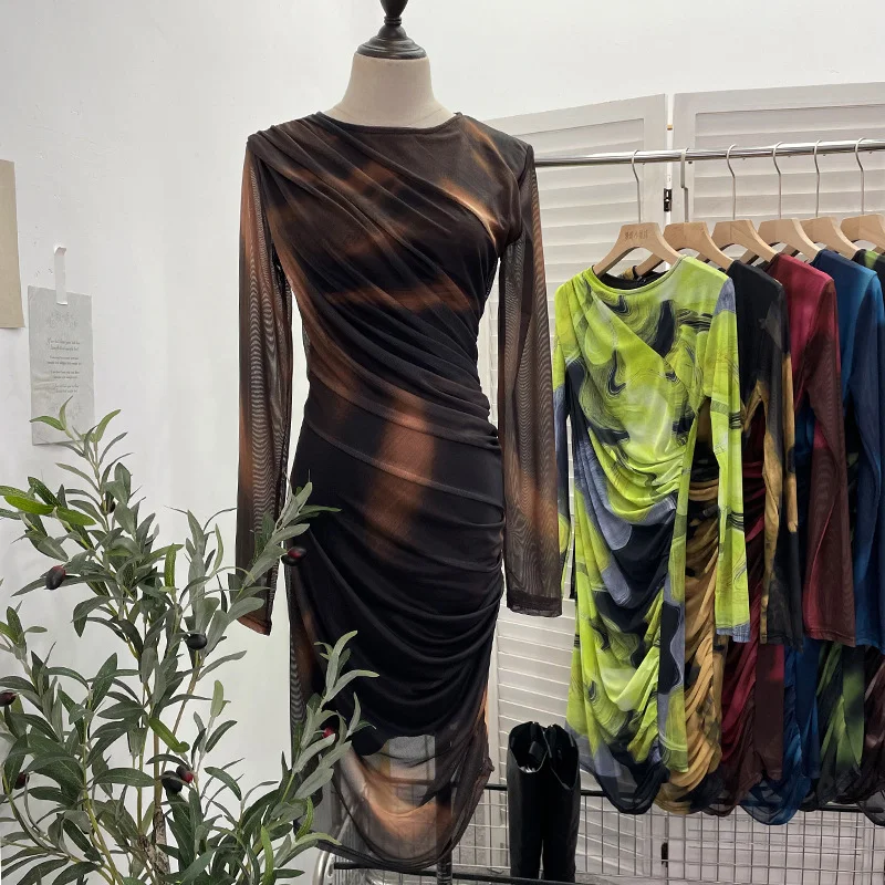 Uveng Vintage Tie-Dye Printing Irregular Folded Mesh Yarn Body-Body-Sleeve Dress 9901