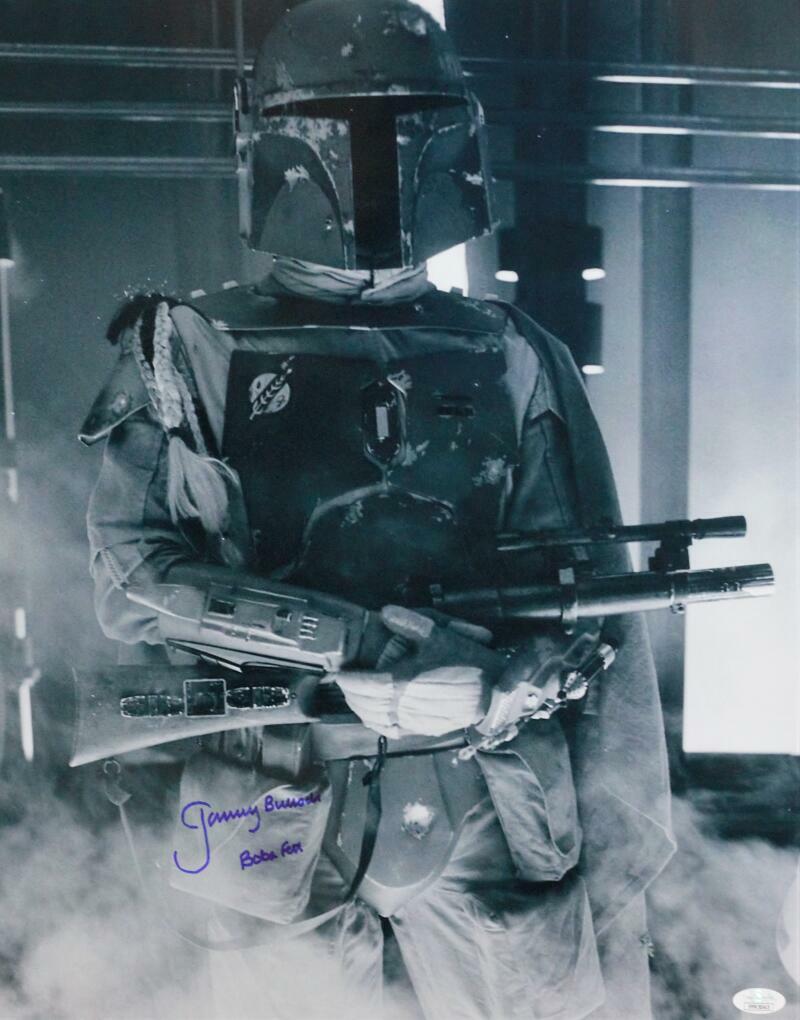 Jeremy Bulloch Signed Boba Fett 16x20 B&W Close Up Photo Poster painting - JSA Auth *Blue