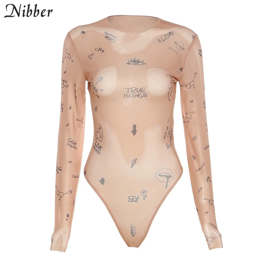 NIBBER Sexy tight-fitting one-piece Top Women Long-Sleeved Bodysuits O-Neck Basic Party Wear Print Summer Wild Slim Bodysuits