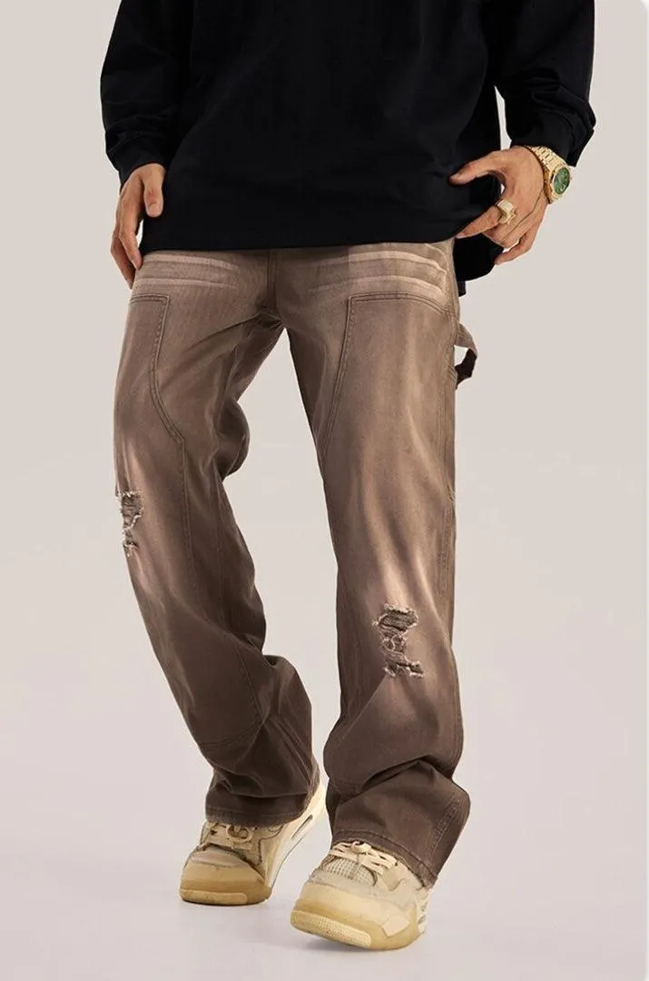 Brownm Rise Washed Distressed Jeans