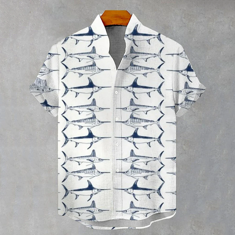 Men's Retro Fish Print Casual Short Sleeve Shirt