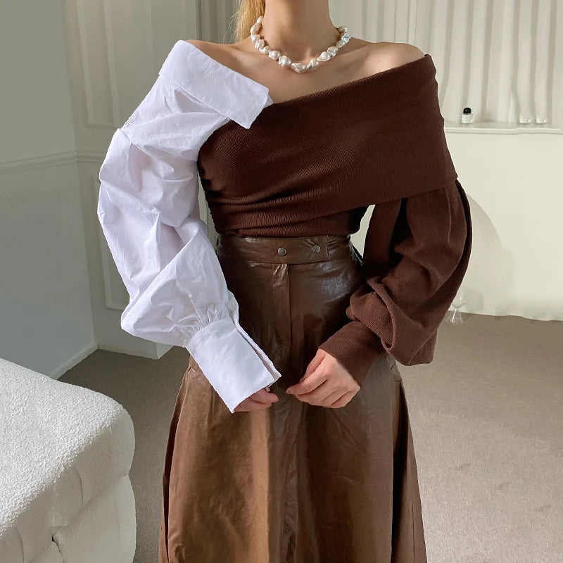 Aiertu V-neck Long Sleeve Contrasting Color Queen 2024 Spring new Loose Top Korean Chic Ladies Sweater Off-the-shoulder clothing Aiertu