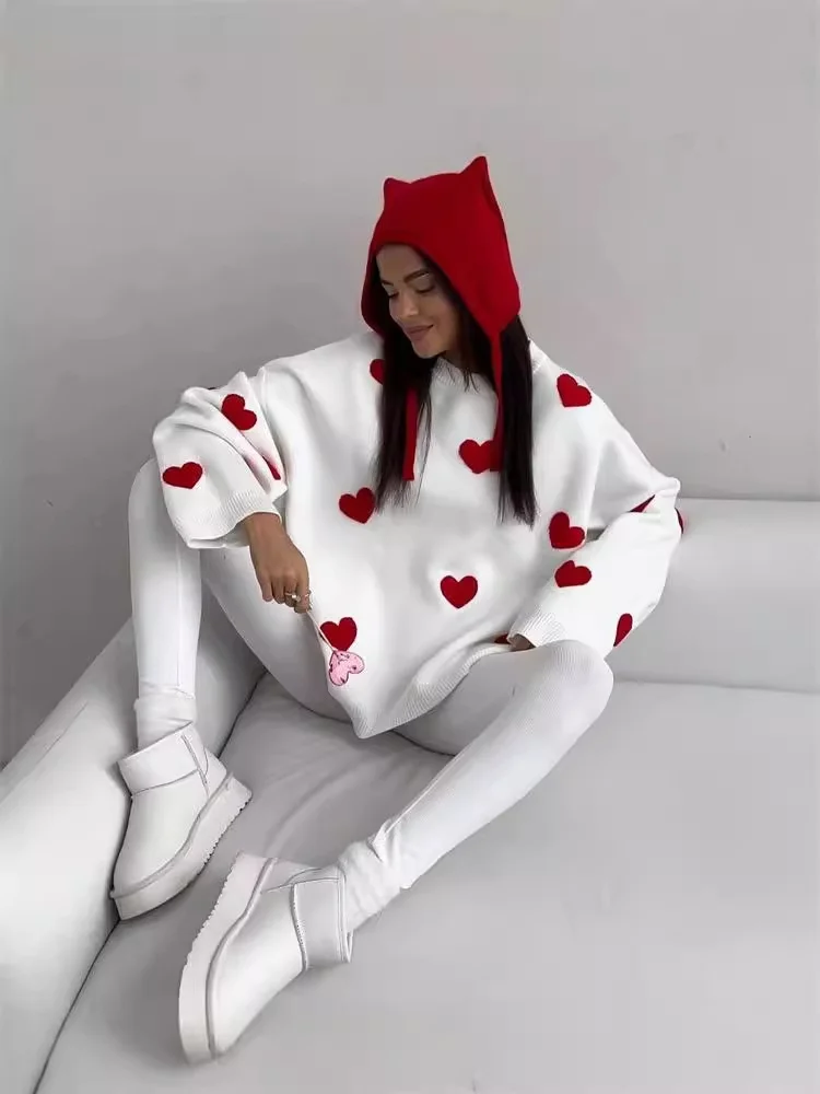 Uveng Uveng And Winter Long-Sleeved Love Sweater Female 2024 Burst Embroidered Loose Knitted Shirt