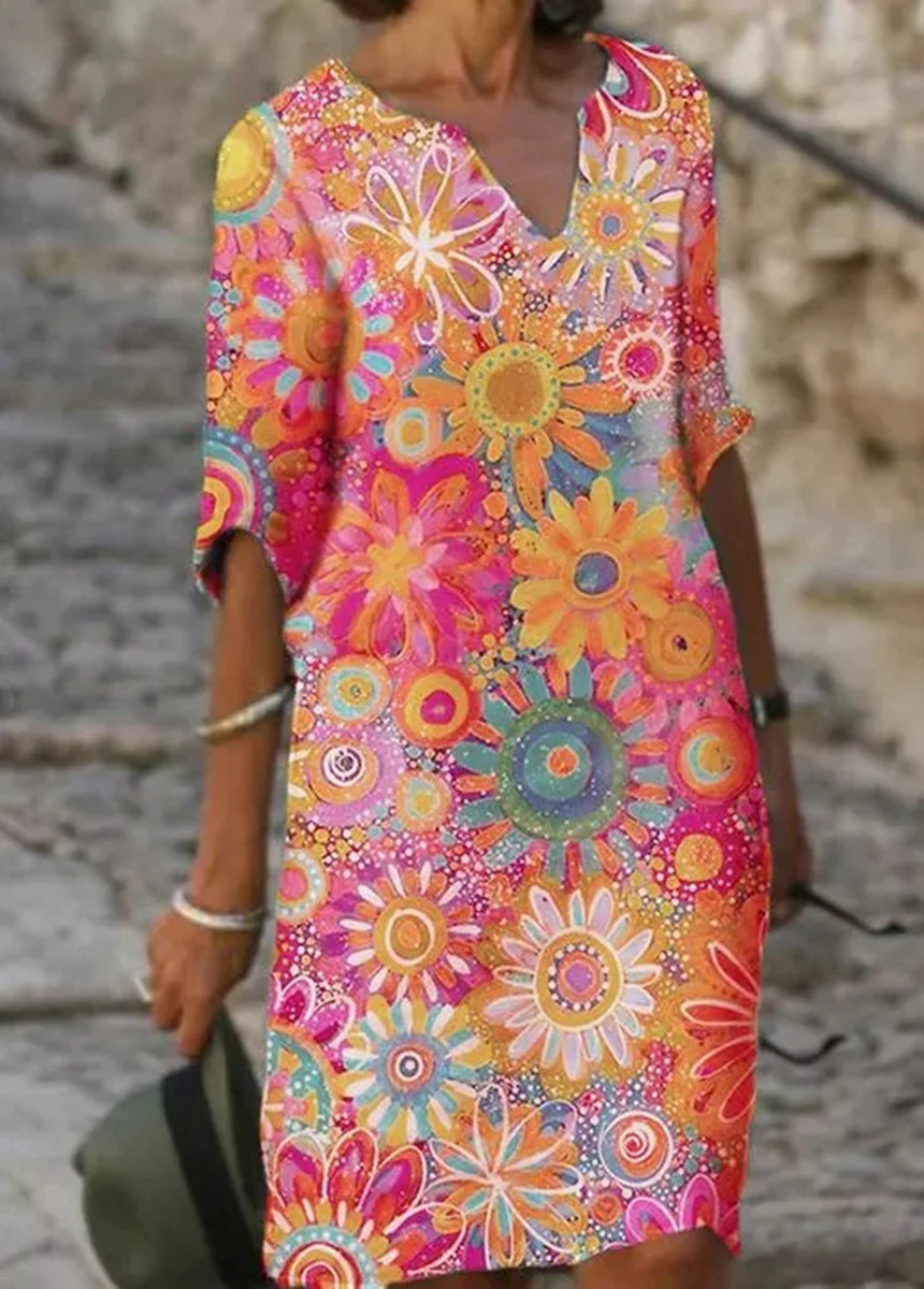 Print V Neck Half Sleeve Dress