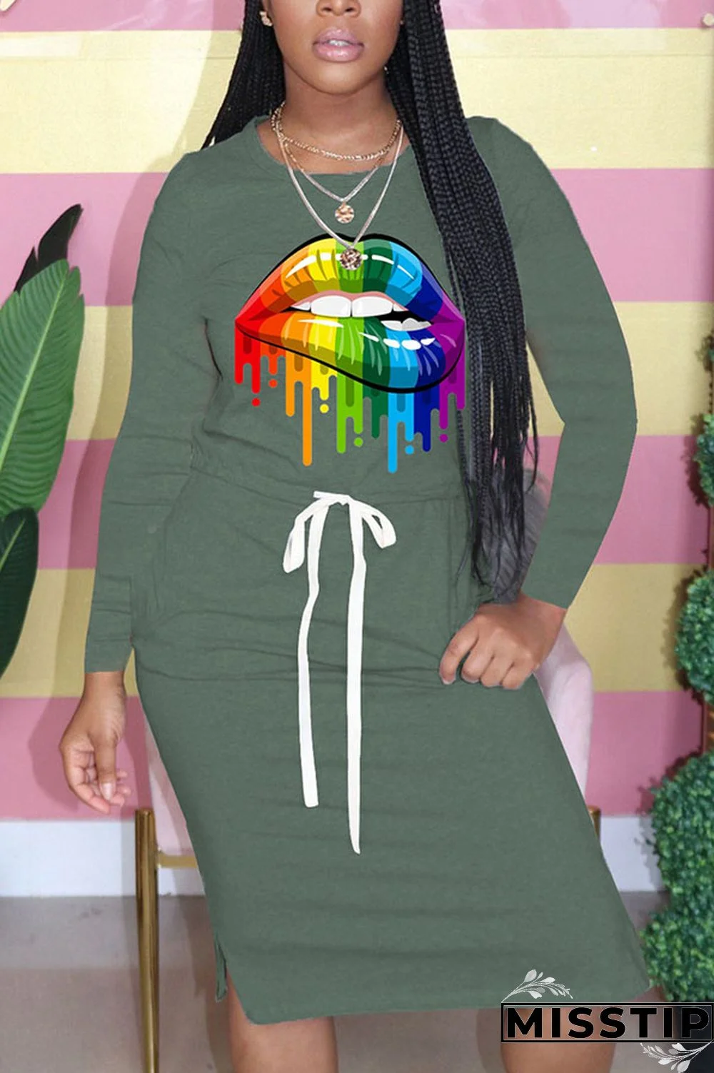 Dark green Fashion Casual Print Patchwork Draw String O Neck Printed Dresses