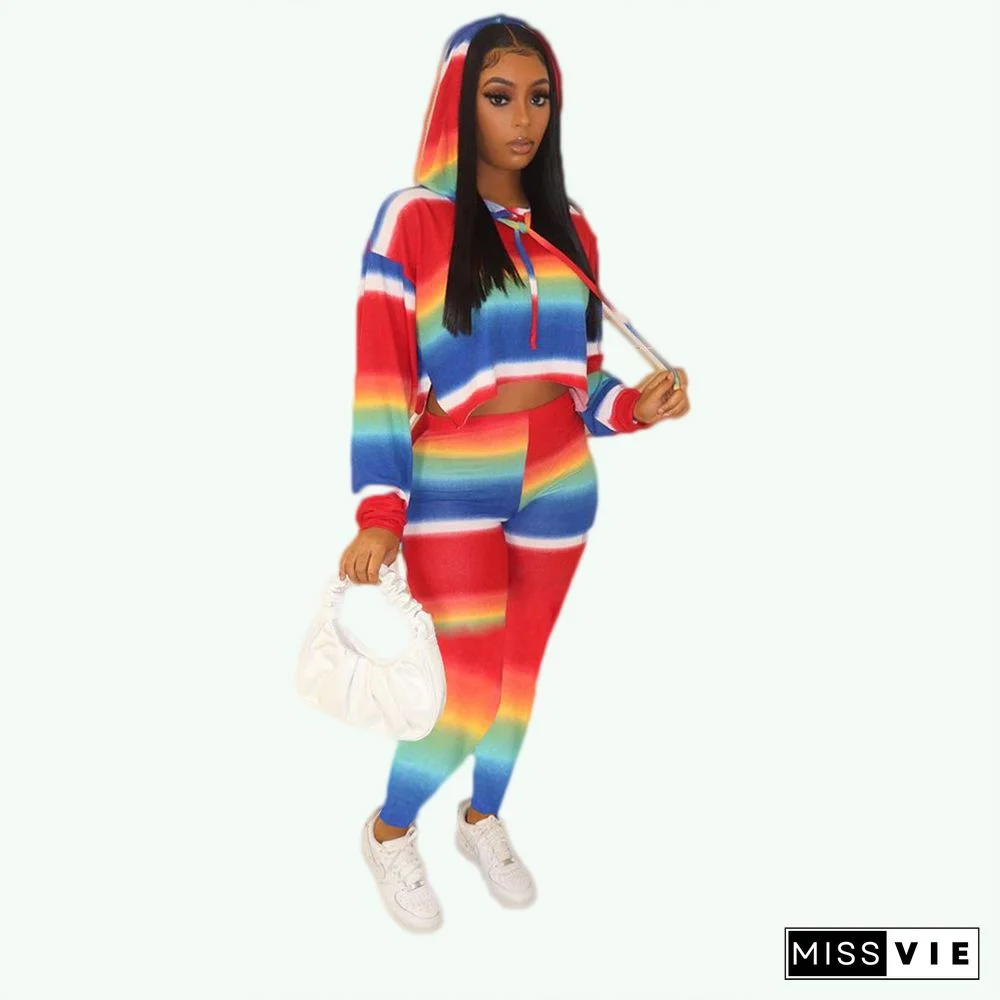 Autumn Rainbow Striped Print T-shirt Hoodies Pencil Pants Suit