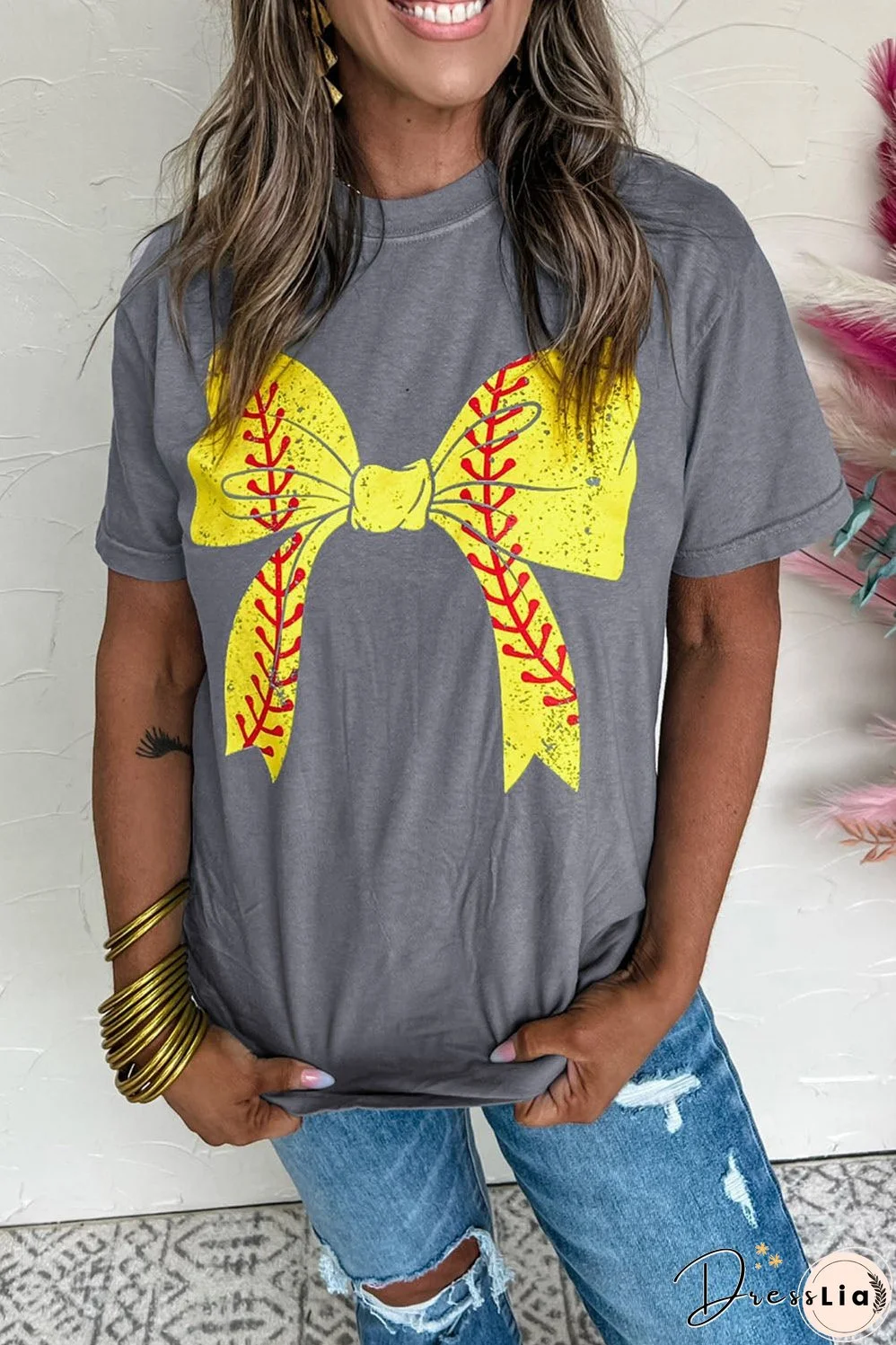 Sweet Baseball Bowknot Print Casual T-shirt