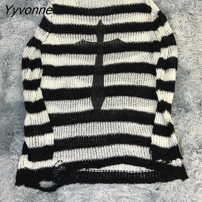 Yyvonne Size Punk Gothic Long Unisex Sweater Dress Cool Hollow Out Hole Broken Jumper Loose Rock Thin Sweter 2023 Women Man Striped 305-0