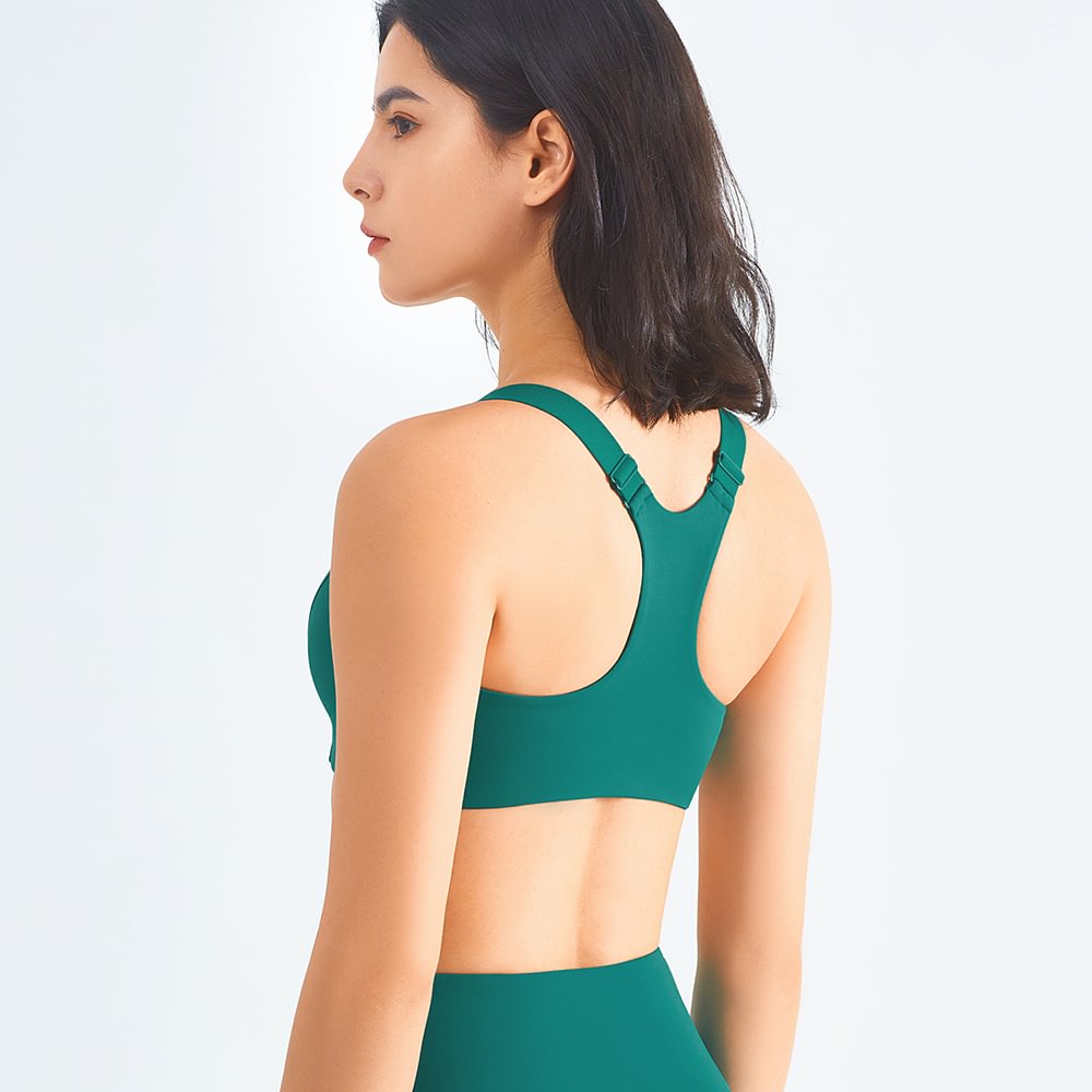 Hergymclothing lake green zip front racerback shockproof lycra adjustable sports bra for workout online shopping