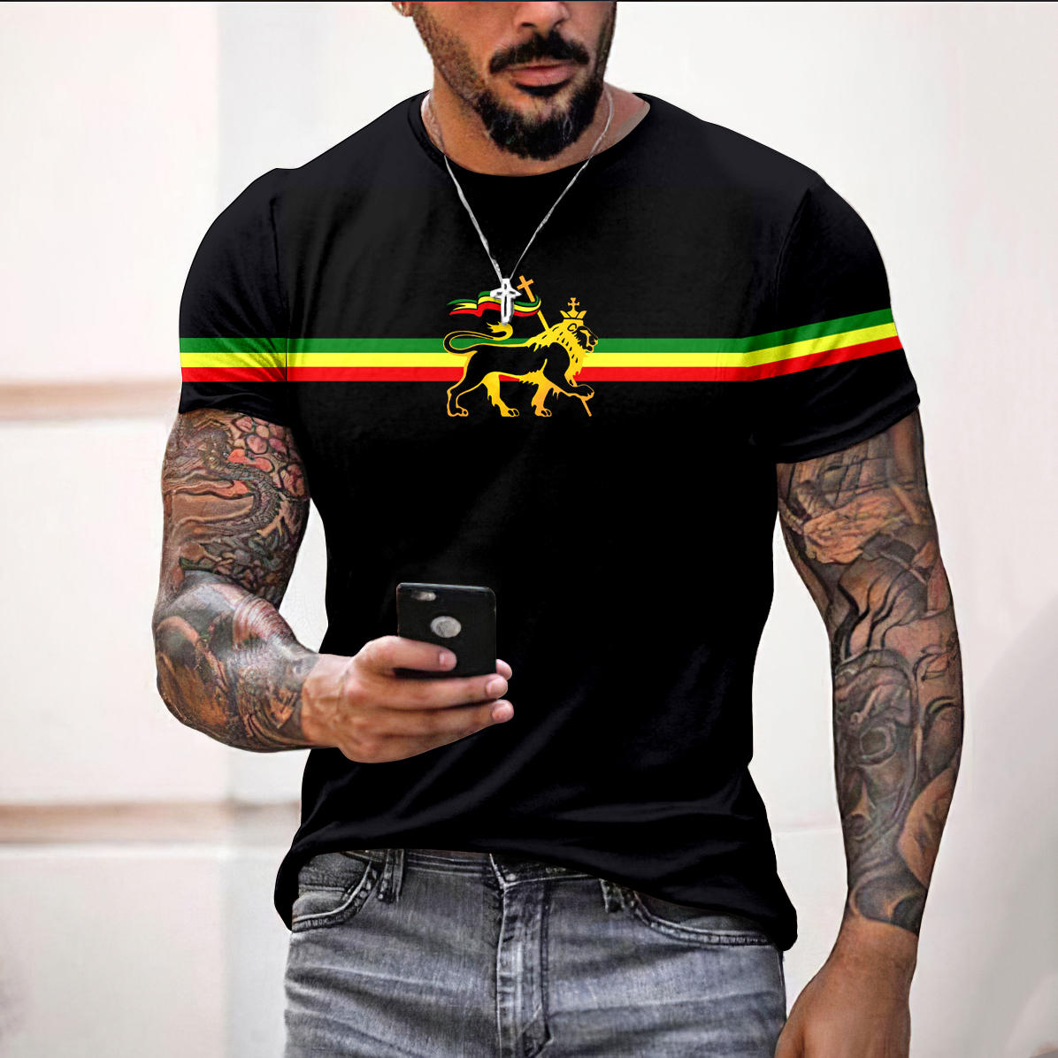 Men'S Stripe Reggae Lion Print T-Shirt wearshes
