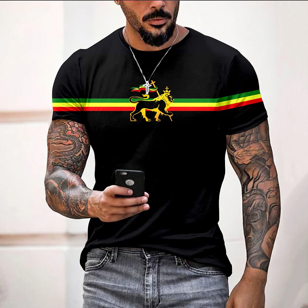 Men'S Stripe Reggae Lion Print T-Shirt