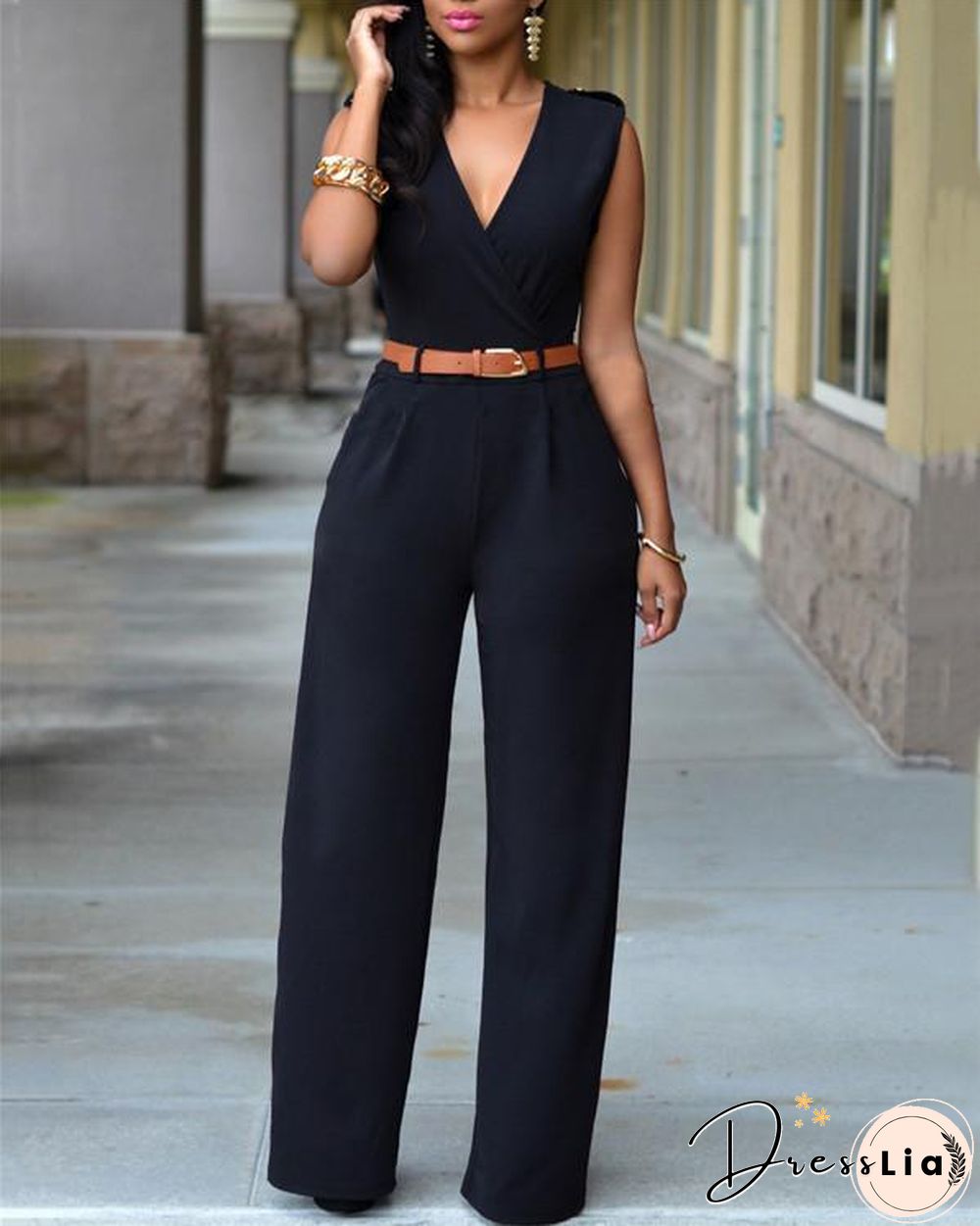 V Neck Solid Casual Short Sleeve Jumpsuits