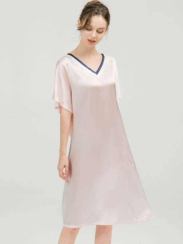 19 MOMME Robe de nuit en soie classique col V - grande taille Rose claire