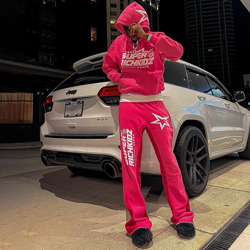 Loveciss®/ Star Contrast Letter Print Trendy Men'S Hooded Sweatshirt And Trousers Two-Piece Set