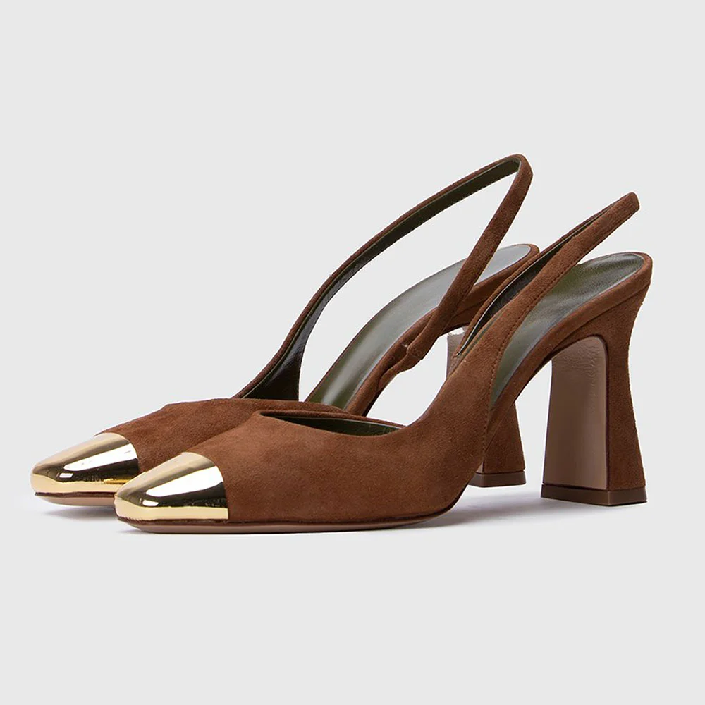 Brown Chunky Heel Metal Square Toe Classic Slingback Shoes