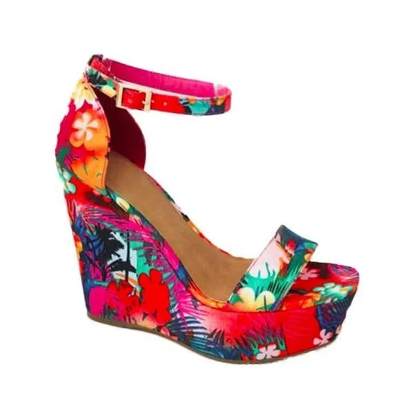 Tropical Print Strap Buckle Platform Wedge Heel Sandals