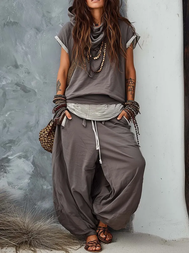 Loose-fit Casual Cotton Hoodie And Pants Two-piece Set