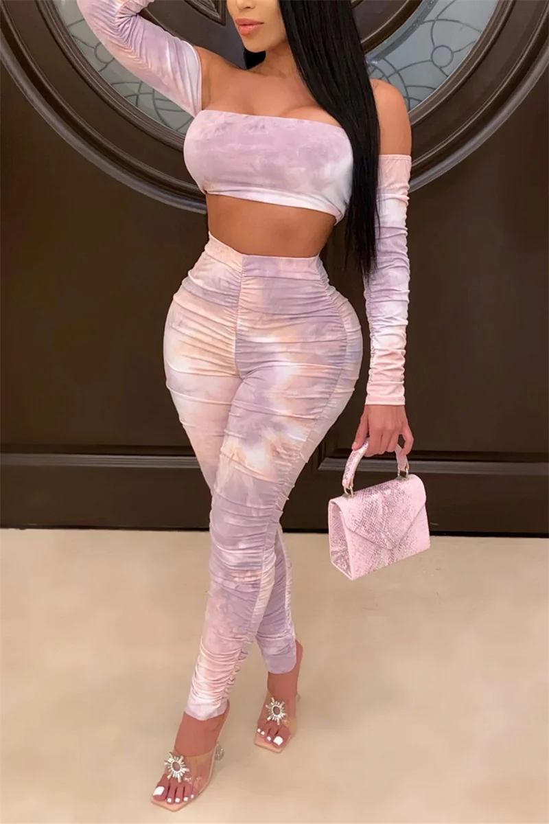 Pink Blends Sexy Print backless Draped HOLLOWED OUT pencil Long Sleeve Two Pieces | EGEMISS