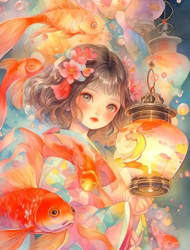 Lantern Fish Illustration Girl 11CT Stamped Cross Stitch 50*60CM