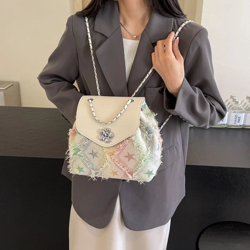 Women’s Medium Cloth Color Block Star Classic Style Streetwear Sewing Thread Square Flip Cover Fashion Backpack