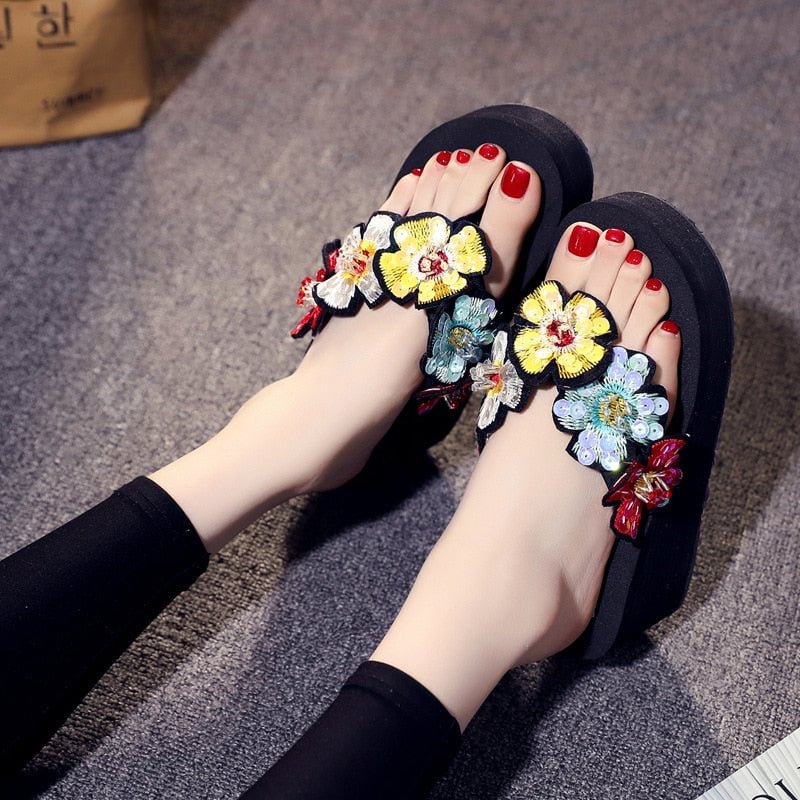 6cm High Heel Women New Product Bright Women Summer Wear Thick Bottom Flower Sandals Slippers Non-slip Beach Shoes WomenSandals