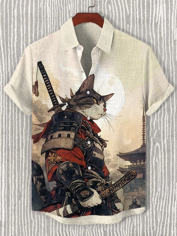 Men's Cat Warrior Guard With Knife Art Print Casual Shirt