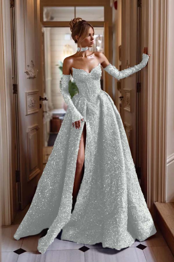 Hidais Strapless Sleeveless Long Split Prom Dress With Sequins Detachable sleeves