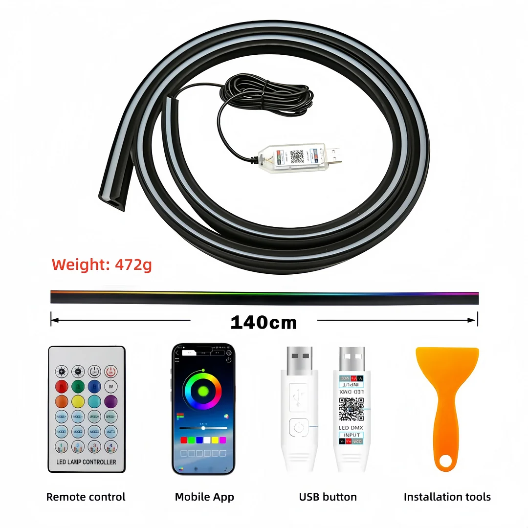 Car windshield soundproofing strip modification with LED acrylic ambient lighting, USB installation-free flowing decorative lights