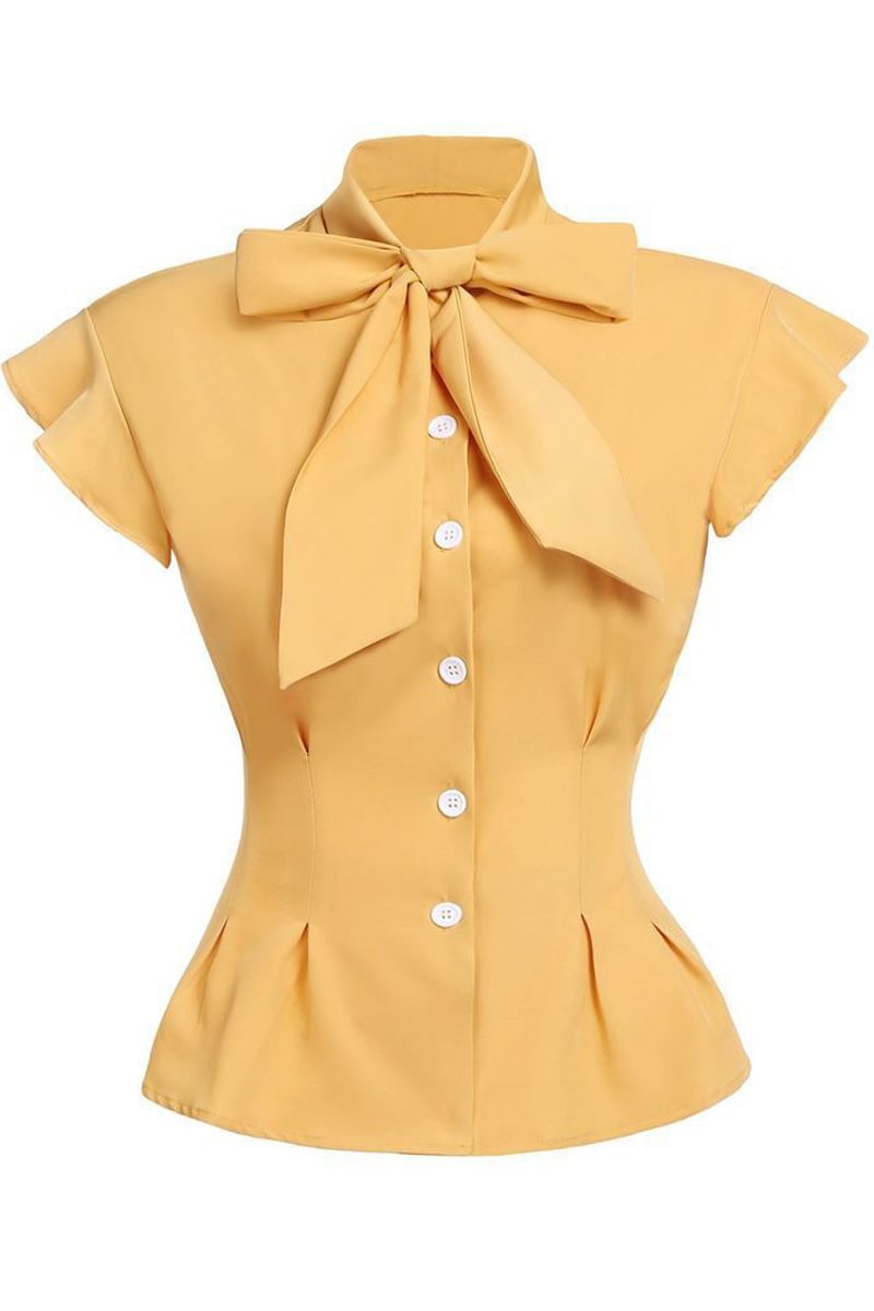 1950s Yellow Bow Tie Ruffle Sleeve Slim Fit Blouse