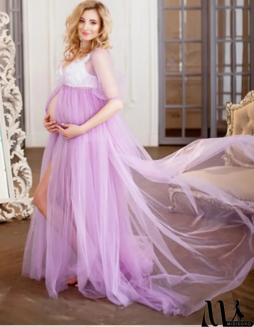 MidiSono - Women Summer Purple Sweet V-neck Short Sleeves Solid Lace Maternity Dress