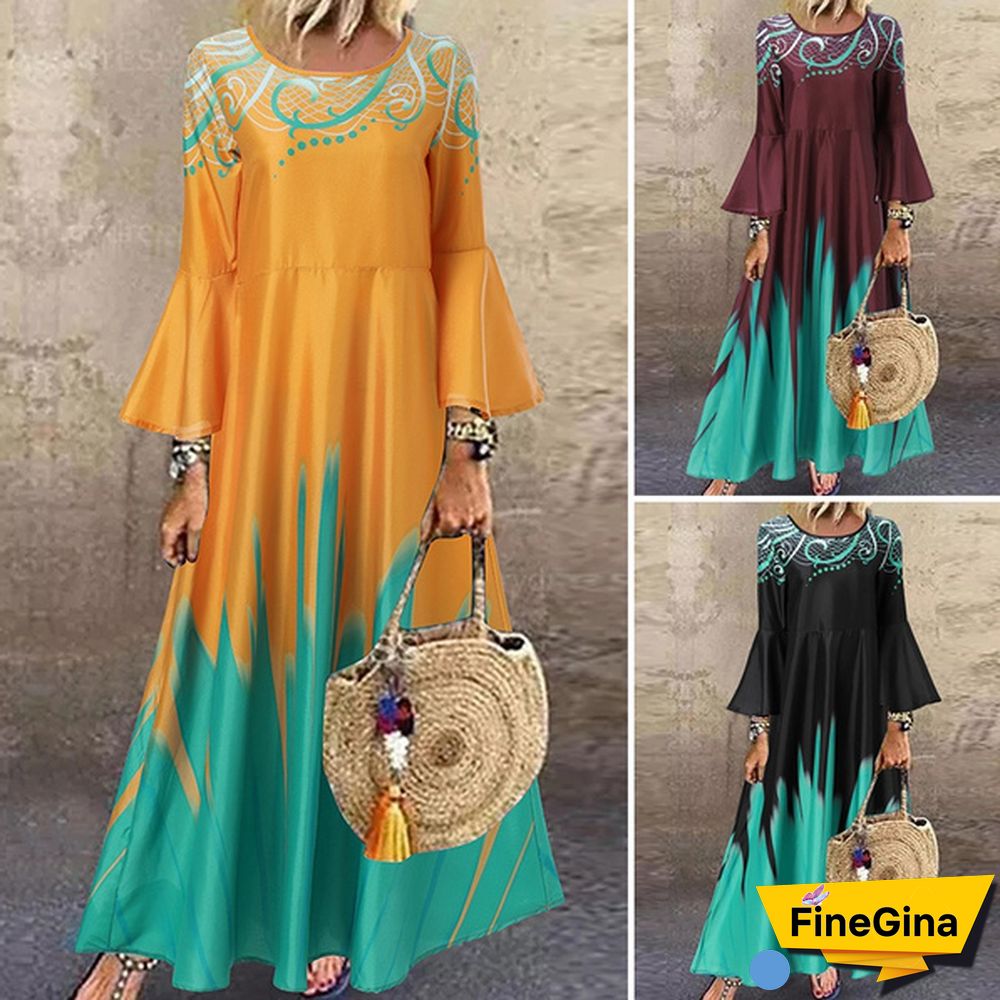 Women Kaftan Party Color Printed Long Shirt Dress Casual Flare Sleeve O Neck Slim Maxi Sundress