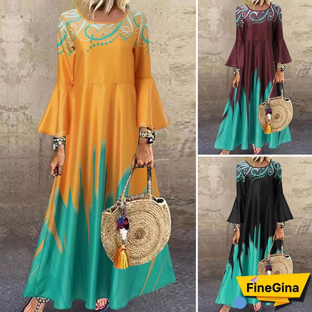 Women Kaftan Party Color Printed Long Shirt Dress Casual Flare Sleeve O Neck Slim Maxi Sundress