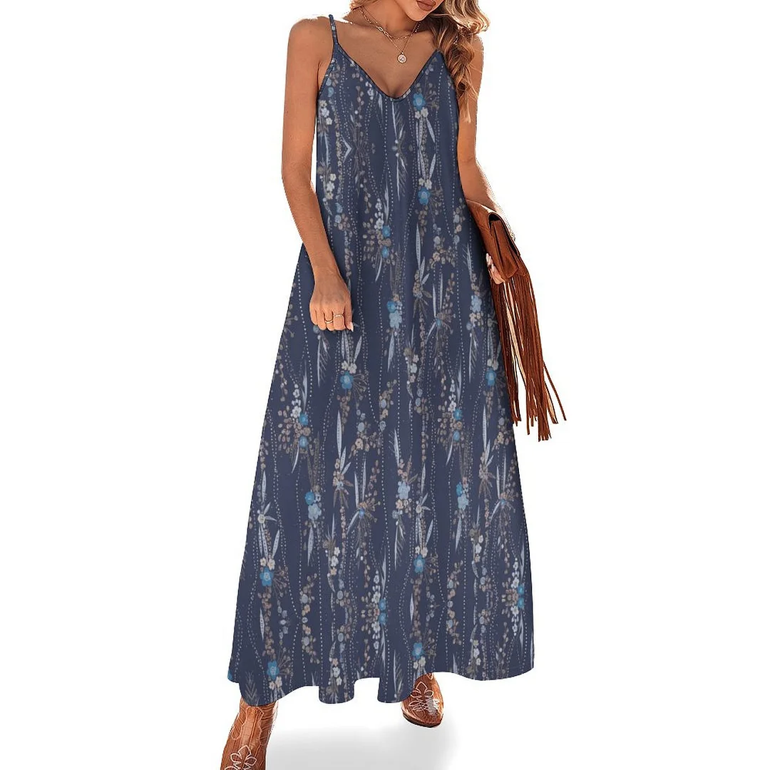 Style & Comfort for Mature Women Plus Size Printed Sling Casual Women Maxi Dress in Pattern Dark Blue, Floral