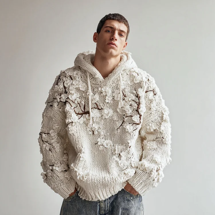 Men's Japanese White Almond Blossom Warm Hooded Sweater