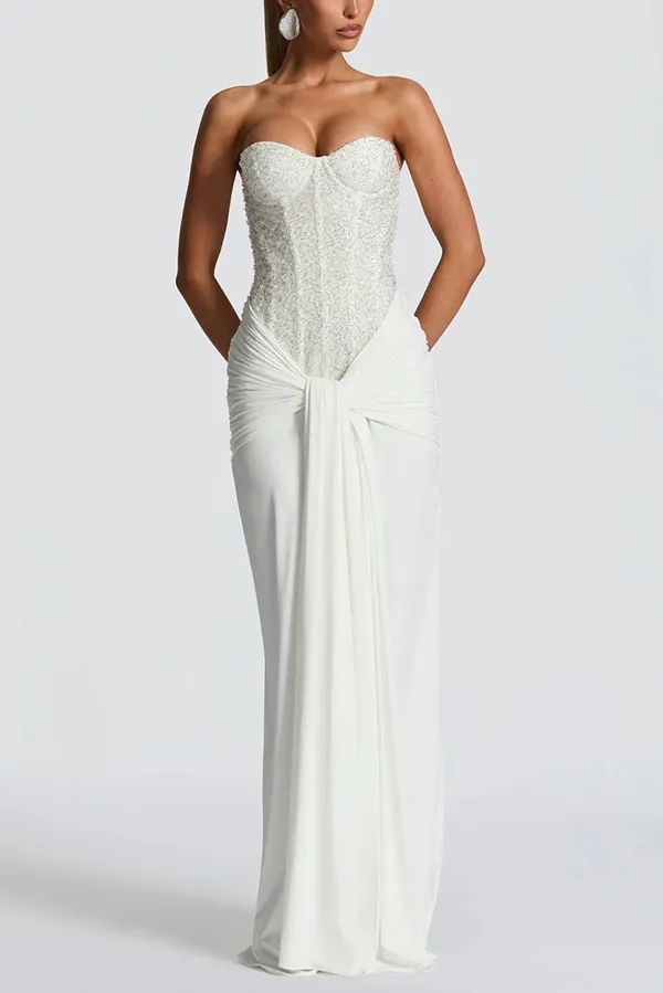 Carina Sequined and Satin Jersey Off Shoulder Ruched Knot Drape Maxi Dress