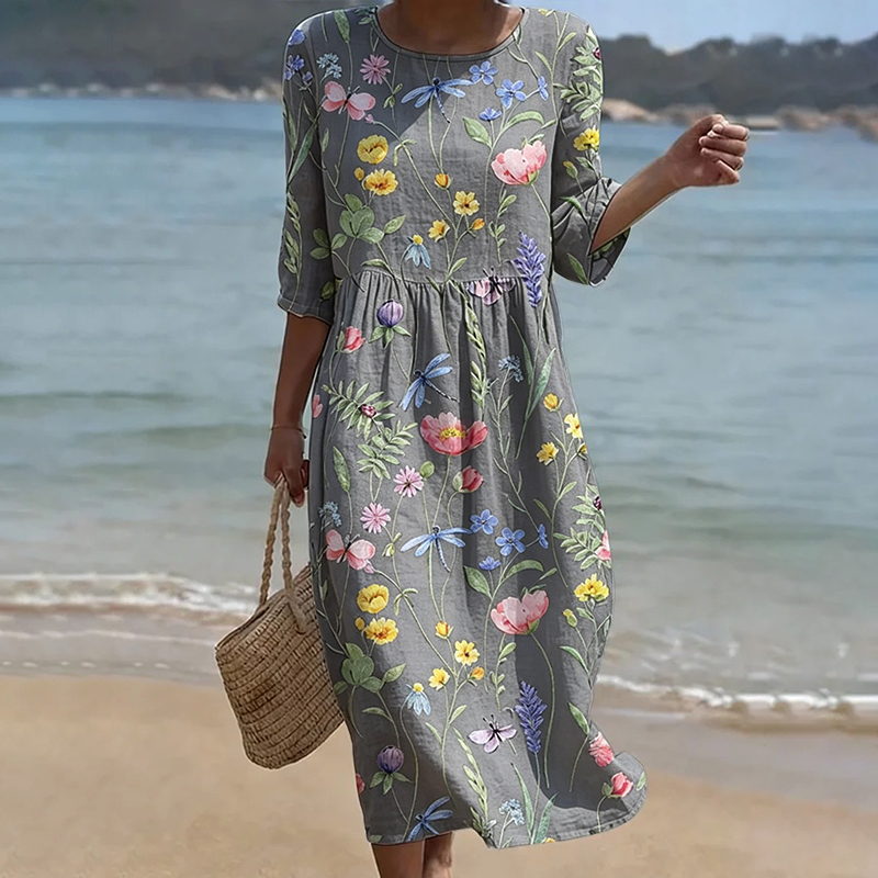 Comstylish Women's Vintage Bohemian Floral Print Round-neck Mid-sleeve Dress