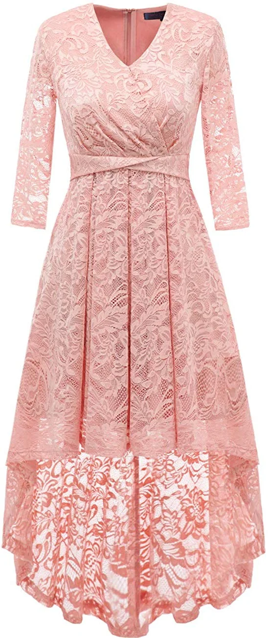 Women's Vintage Floral Lace 3/4 Sleeves Dress Hi-Lo Cocktail Party Swing Dress