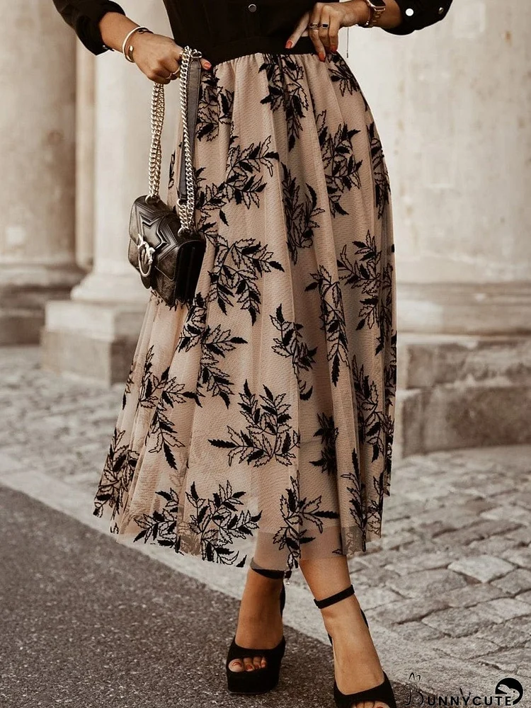 Apricot Floral Embroidered Maxi Skirt with High Waist