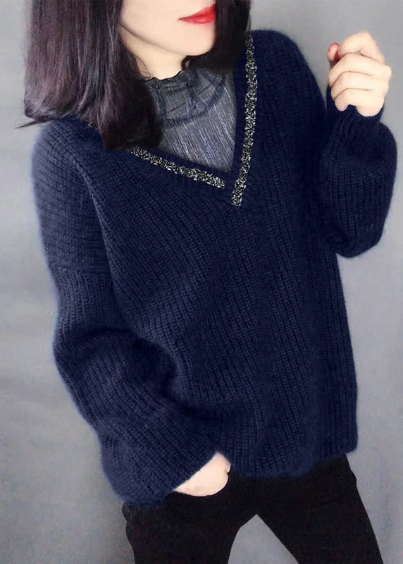 Beautiful Navy Sequins Hollow Out Knit Sweaters Winter
