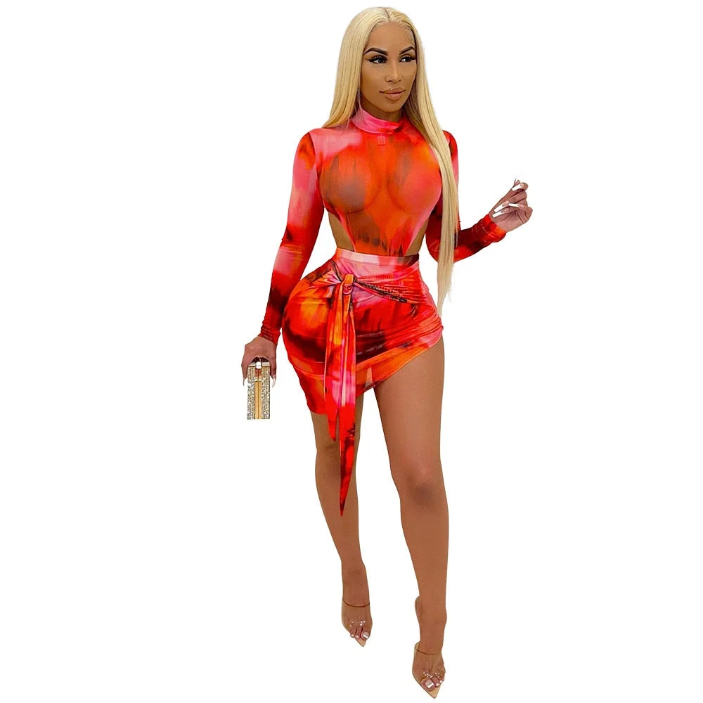 ANJAMANOR Beautiful Mesh Print Tied Mini Dresses for Women 2022 Sexy Club Outfits Cut Out Long Sleeve Bodycon Dress D57-CD18