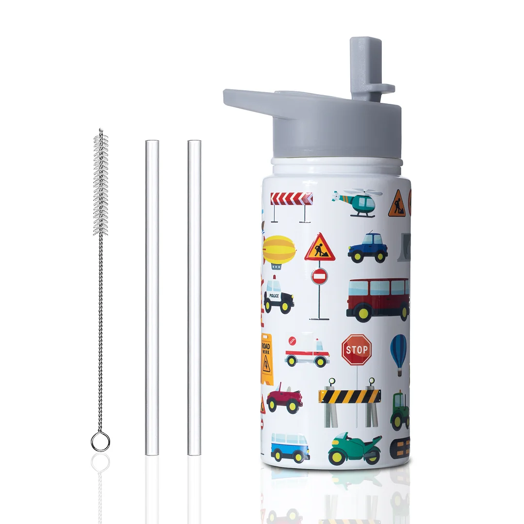 15oz Car Bus Kid Water Bottle Stainless Steel with Straw Lid