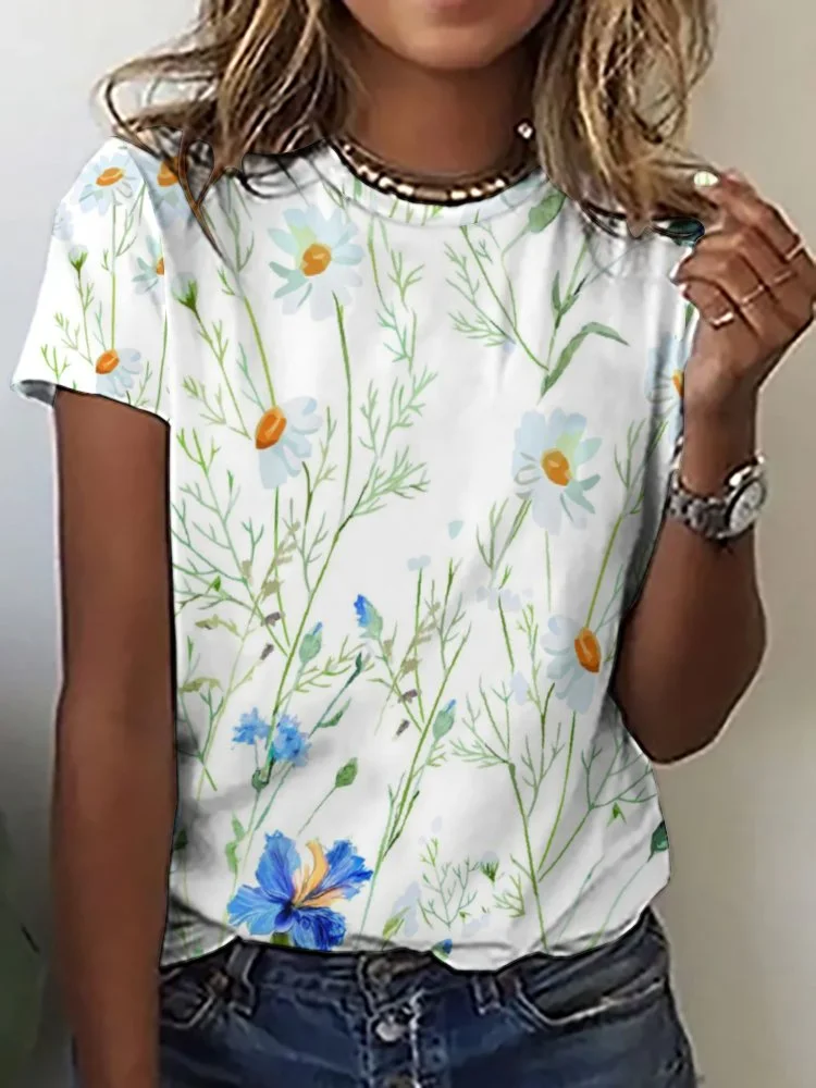 Printed Short Sleeve Casual T-shirt for  Women and Men Unisex Pattern Blue,Floral,White