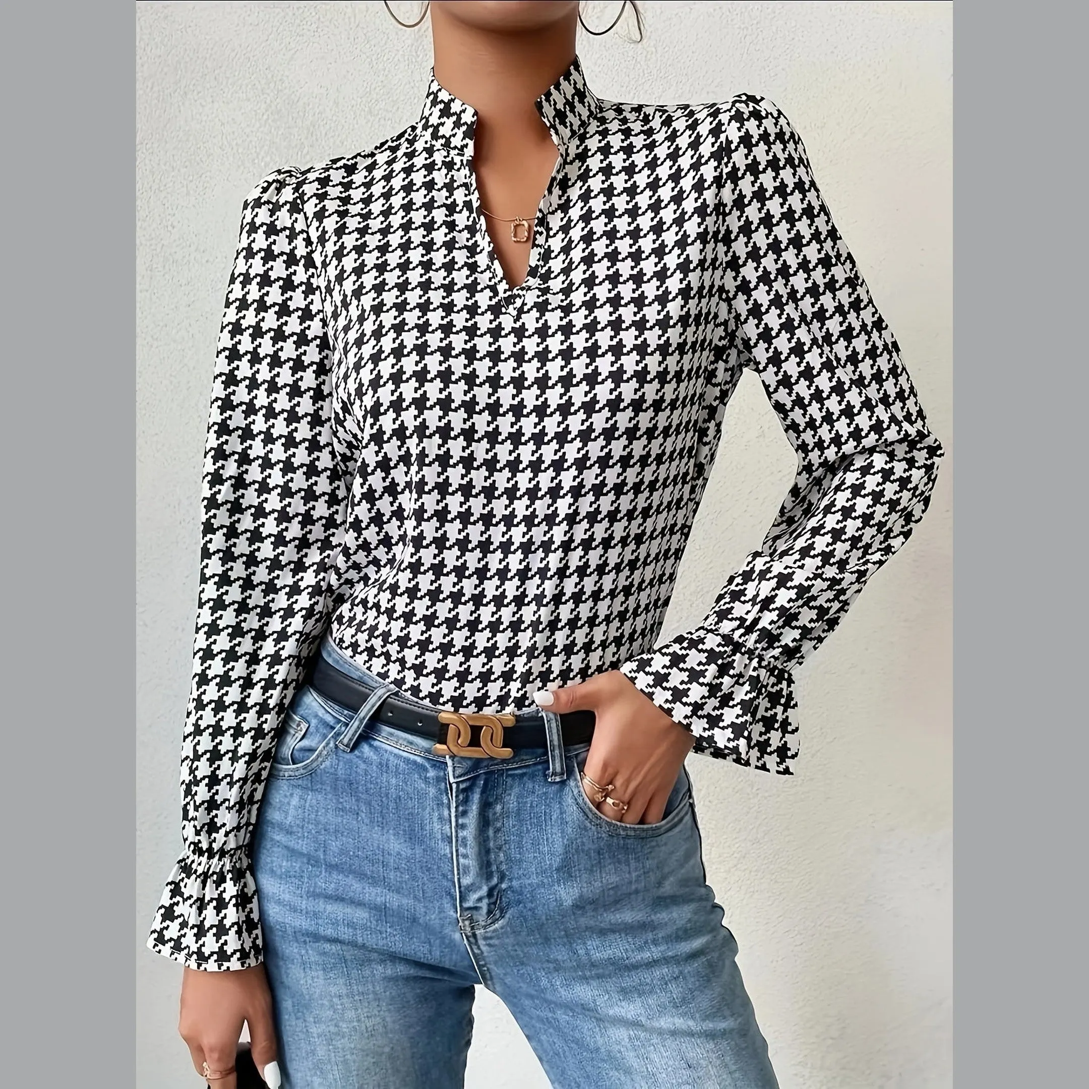 Women's Houndstooth Blouse &ndash; Notch Neck Ruffle Lantern Sleeves