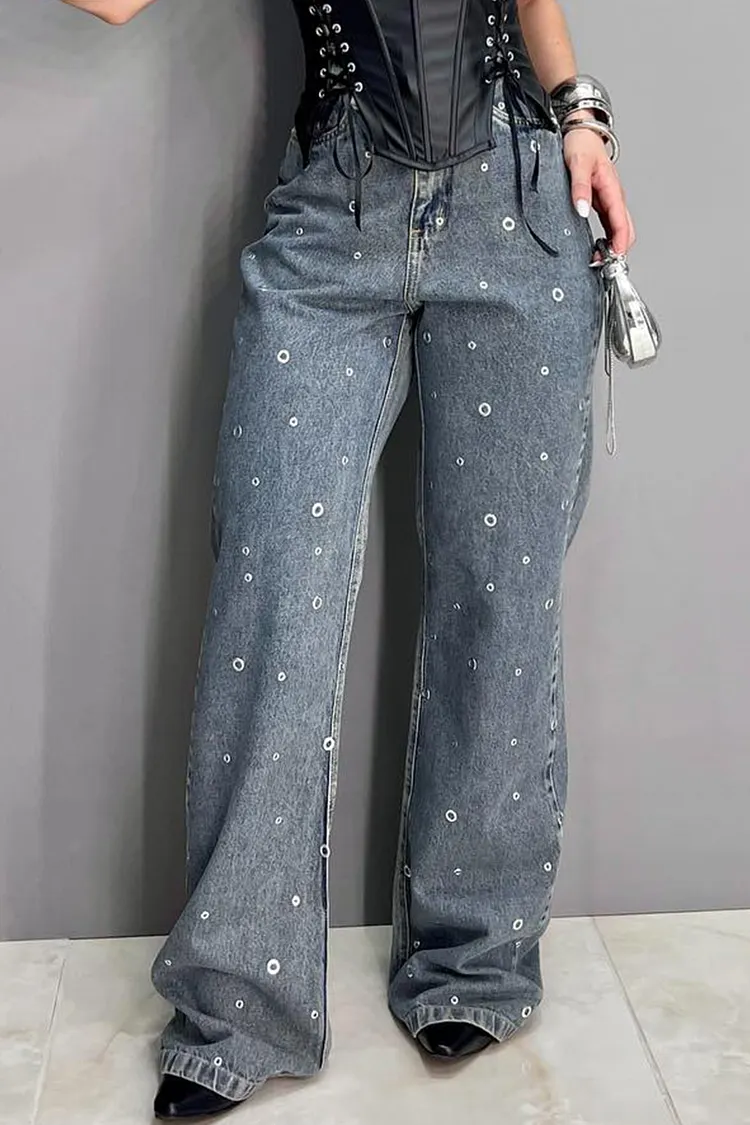 Women's Acid Wash Denim Pants with Eyelet Embellishments & Side Slit
