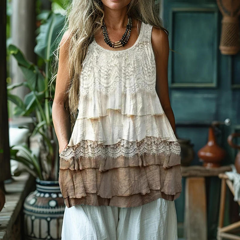 Vintage Floral Lace Layered Flowy Linen Tank Top