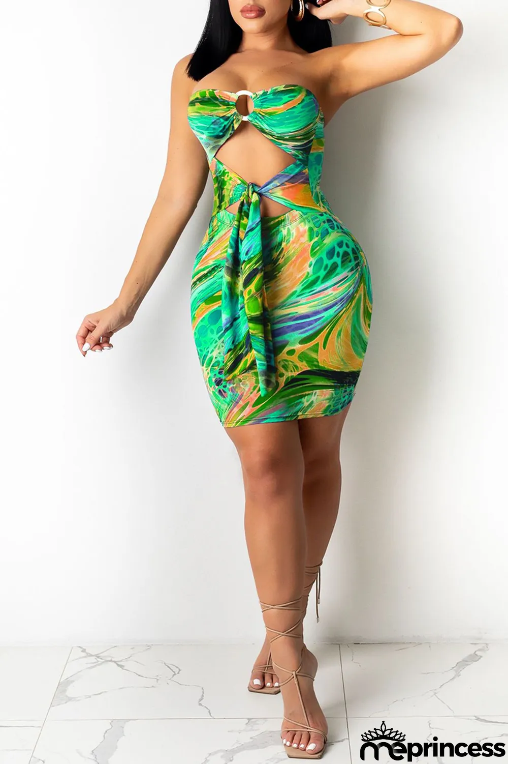 Burgundy Fashion Sexy Print Hollowed Out Backless Strapless Sleeveless Dress