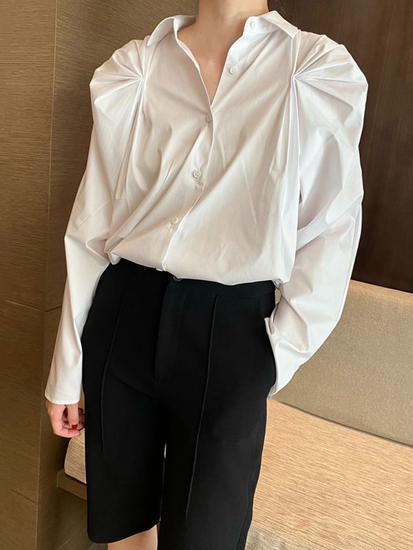 Original Stylish Pleated Solid Color Buttoned Lapel Collar Long Sleeves Blouse