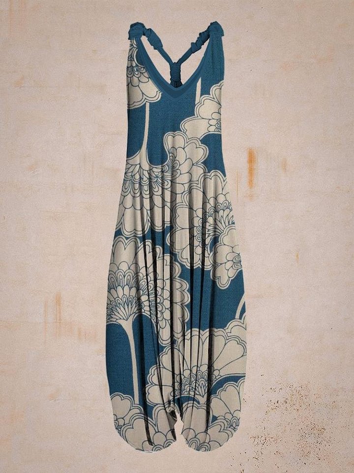 Women Blue Flower Print Sleeveless Harem Jumpsuit