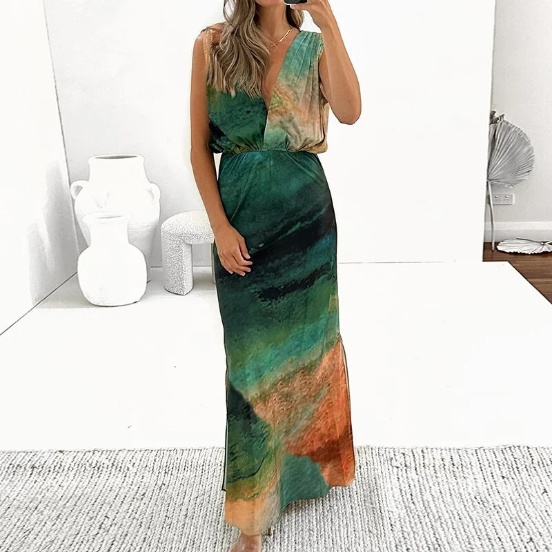 Holiday Dress Women Summer Deep V-Neck Loungewear Tie-Dye Fashion Simple  Sleeveless Maxi Dress Backless Ladies Party Dress